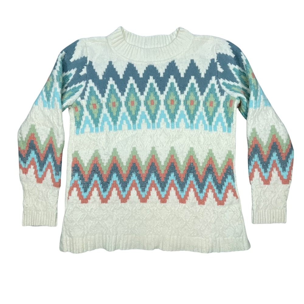 Talbots Ivory Multicolor Fair Isle Geometric Knit Pullover Sweater Women SP